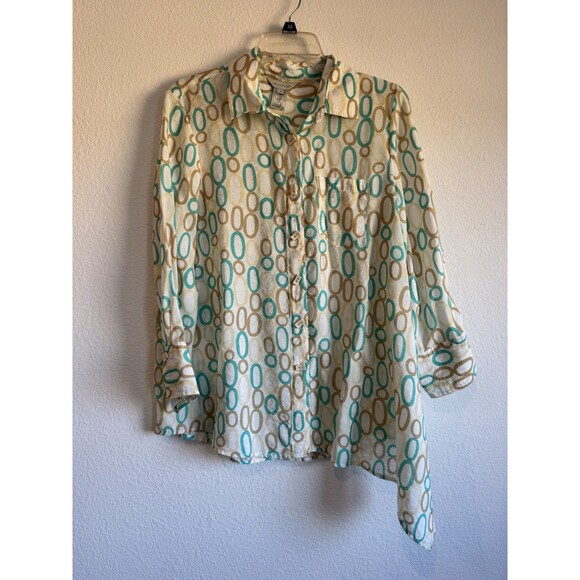 Multiples Women's Turquoise Tan Button Down Tunic Shirt Long Sleeve Asymmetric M - Picture 1 of 11